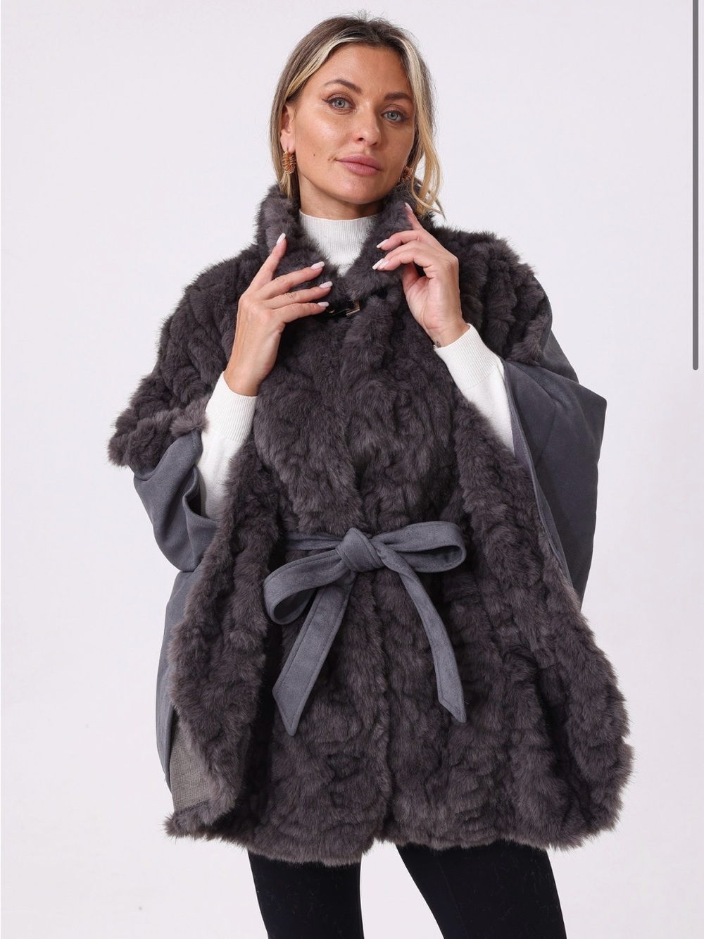Women's Charcoal Faux Fur Belted Cape Coat